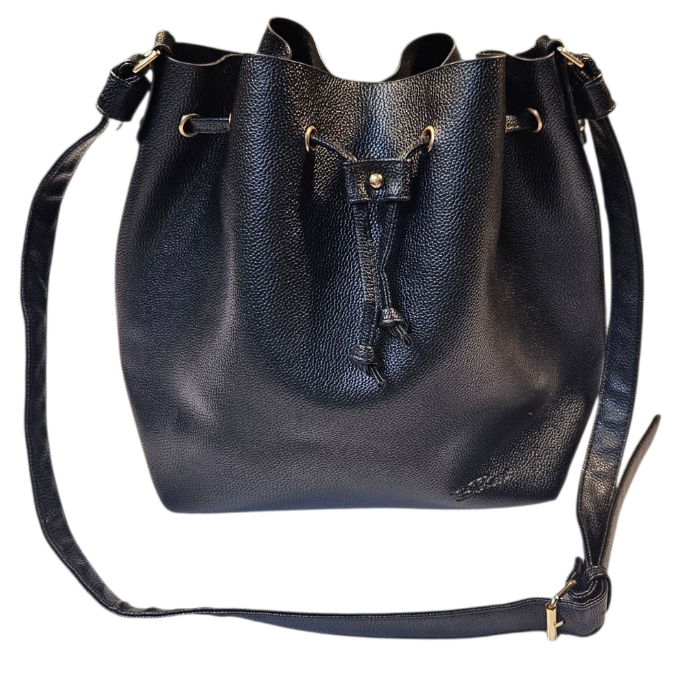 Bella Russo Black Pebbled Faux Leather Bucket Bag – Adjustable Crossbody Purse